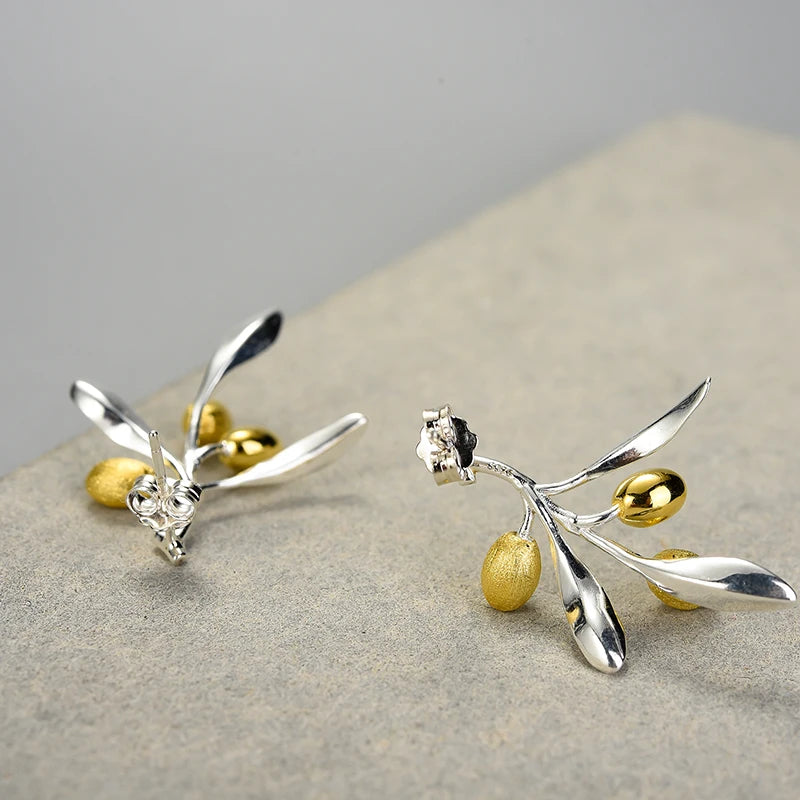 Sterling Silver Olive Leaves Branch Necklace & Studd earrings set